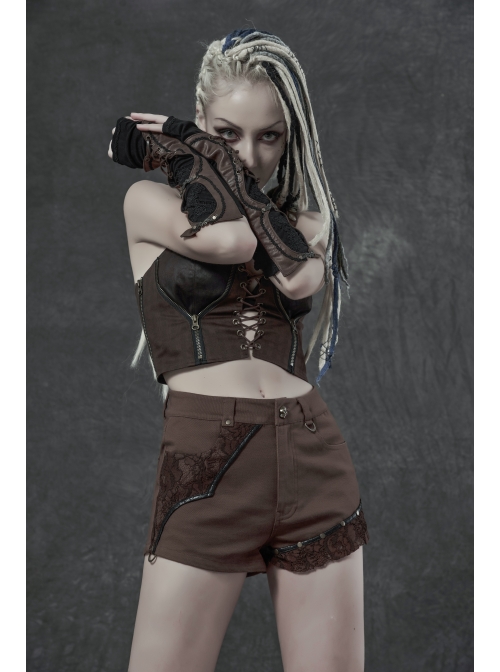 Brown Twill Weave Spliced Mesh Metal Skull Button Rivet Punk Shorts