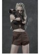 Brown Twill Weave Spliced Mesh Metal Skull Button Rivet Punk Shorts