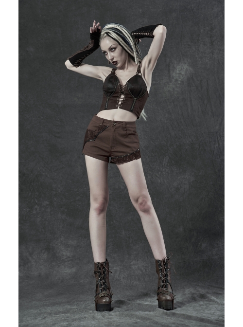 Brown Twill Weave Spliced Mesh Metal Skull Button Rivet Punk Shorts