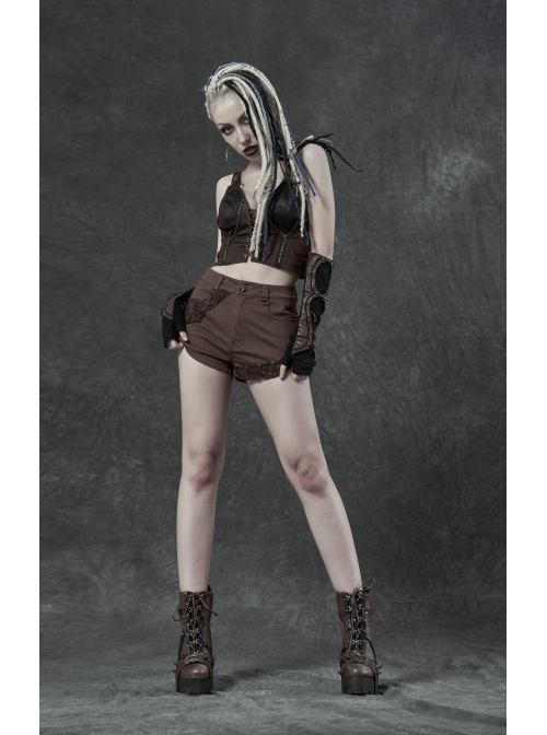 Brown Twill Weave Spliced Mesh Metal Skull Button Rivet Punk Shorts