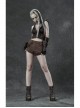 Brown Twill Weave Spliced Mesh Metal Skull Button Rivet Punk Shorts