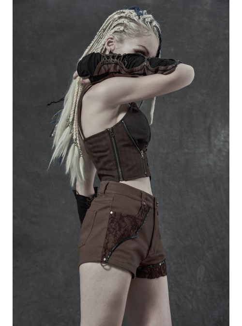 Brown Twill Weave Spliced Mesh Metal Skull Button Rivet Punk Shorts