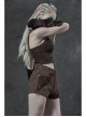 Brown Twill Weave Spliced Mesh Metal Skull Button Rivet Punk Shorts