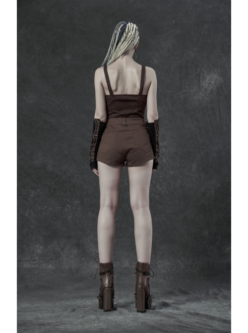 Brown Twill Weave Spliced Mesh Metal Skull Button Rivet Punk Shorts