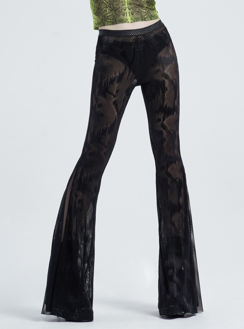 Jacquard Mesh Printed Python Texture Waistband Fringe Mesh Hem Black Gothic Flared Trousers