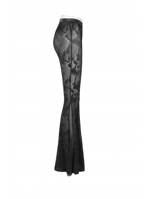 Jacquard Mesh Printed Python Texture Waistband Fringe Mesh Hem Black Gothic Flared Trousers