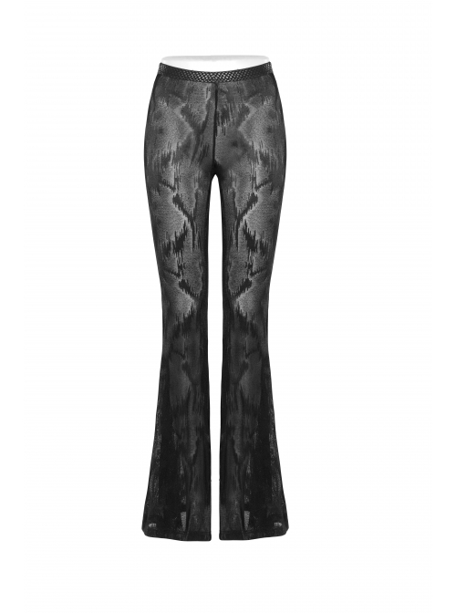 Jacquard Mesh Printed Python Texture Waistband Fringe Mesh Hem Black Gothic Flared Trousers