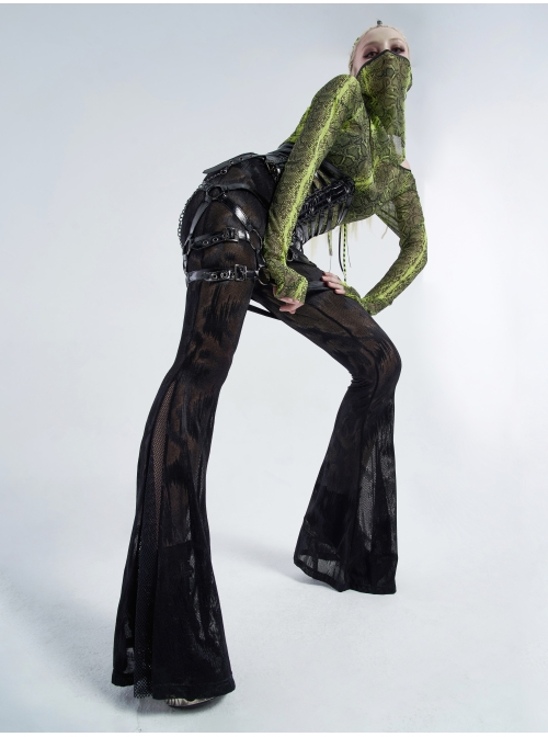 Jacquard Mesh Printed Python Texture Waistband Fringe Mesh Hem Black Gothic Flared Trousers