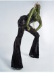 Jacquard Mesh Printed Python Texture Waistband Fringe Mesh Hem Black Gothic Flared Trousers