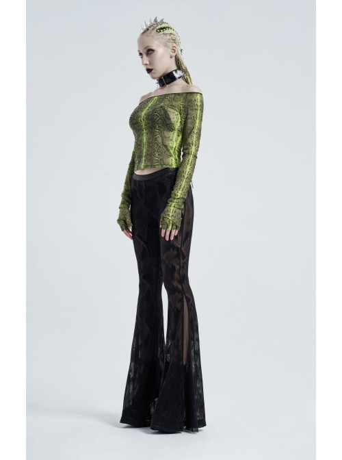 Jacquard Mesh Printed Python Texture Waistband Fringe Mesh Hem Black Gothic Flared Trousers