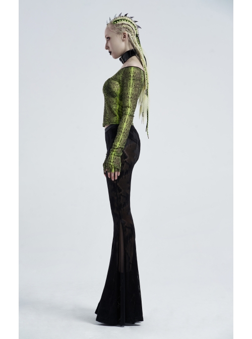 Jacquard Mesh Printed Python Texture Waistband Fringe Mesh Hem Black Gothic Flared Trousers