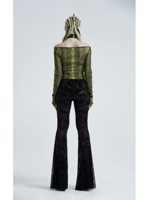 Jacquard Mesh Printed Python Texture Waistband Fringe Mesh Hem Black Gothic Flared Trousers