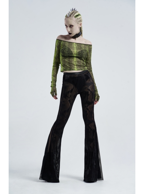 Jacquard Mesh Printed Python Texture Waistband Fringe Mesh Hem Black Gothic Flared Trousers