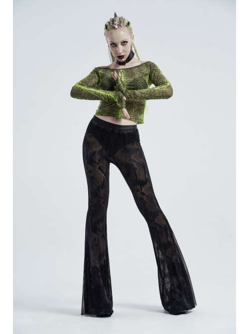 Jacquard Mesh Printed Python Texture Waistband Fringe Mesh Hem Black Gothic Flared Trousers