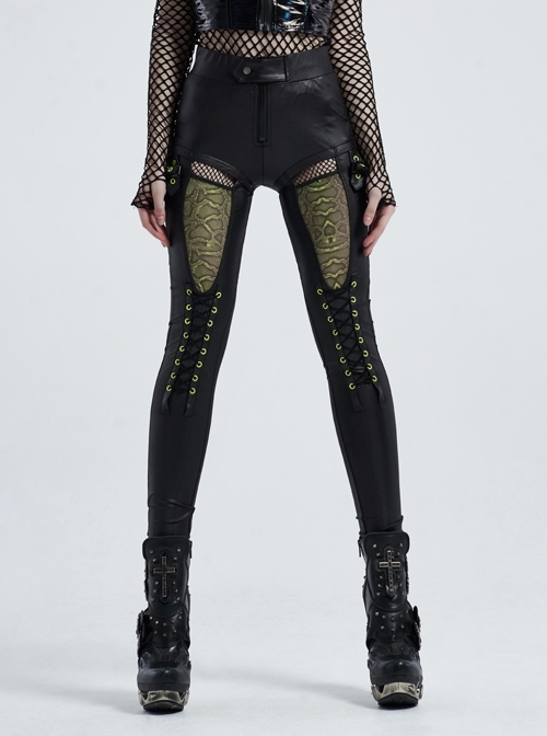 Black Knit Splice Fluorescent Green Printed Mesh Lace-Up Plastic Zipper Punk Leggings