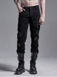 Twill Woven Hollow-Out Splice Rough Mesh Cloth Irregular Metal Buckle Bandage Black Punk Trousers