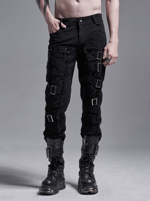 Twill Woven Hollow-Out Splice Rough Mesh Cloth Irregular Metal Buckle Bandage Black Punk Trousers