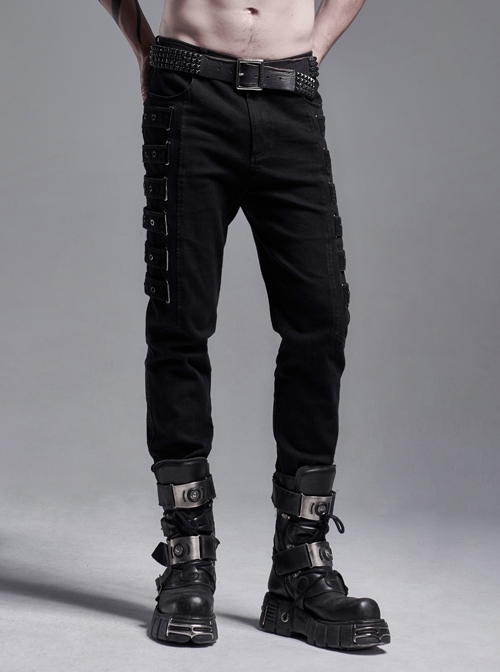 Side Metal Rings Bandage Black Punk Twill Woven Trousers