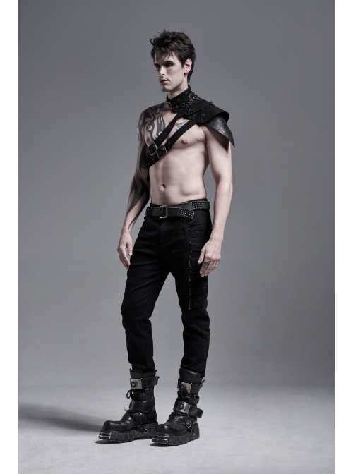 Side Metal Rings Bandage Black Punk Twill Woven Trousers