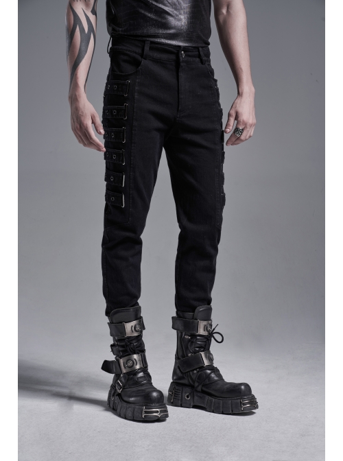 Side Metal Rings Bandage Black Punk Twill Woven Trousers