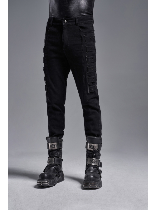 Side Metal Rings Bandage Black Punk Twill Woven Trousers