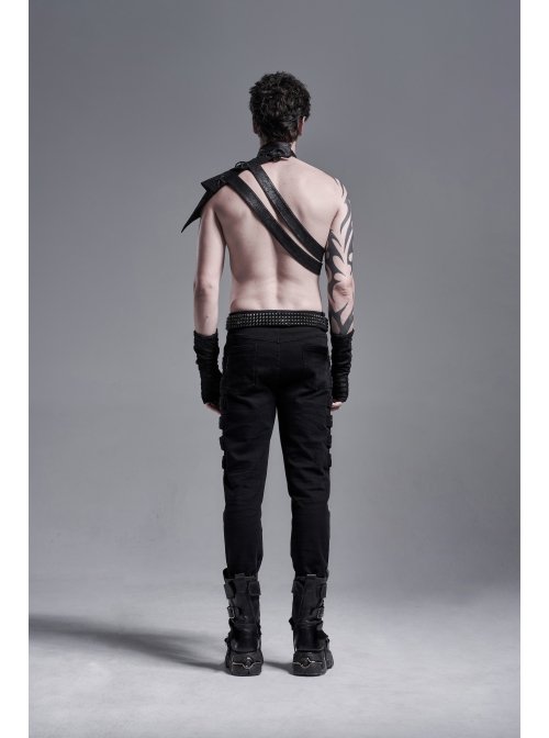 Side Metal Rings Bandage Black Punk Twill Woven Trousers