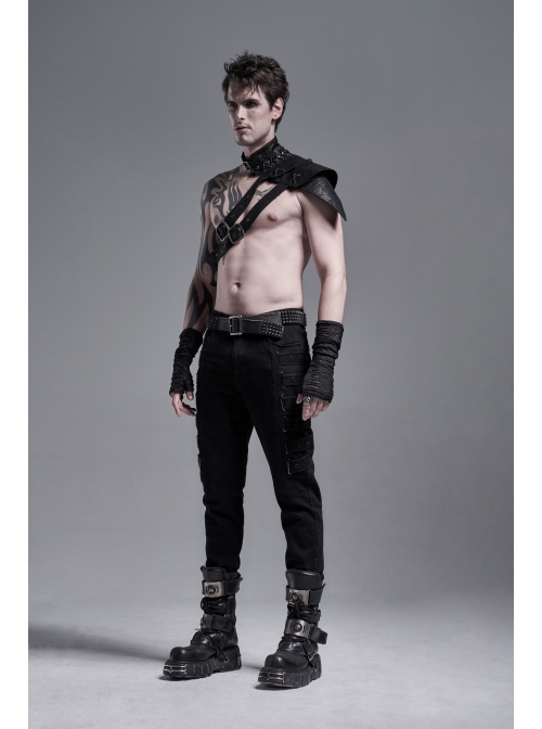 Side Metal Rings Bandage Black Punk Twill Woven Trousers