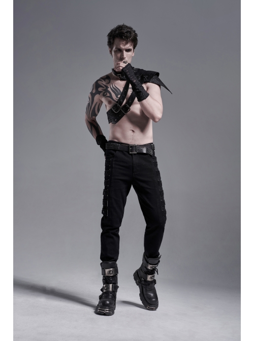 Side Metal Rings Bandage Black Punk Twill Woven Trousers