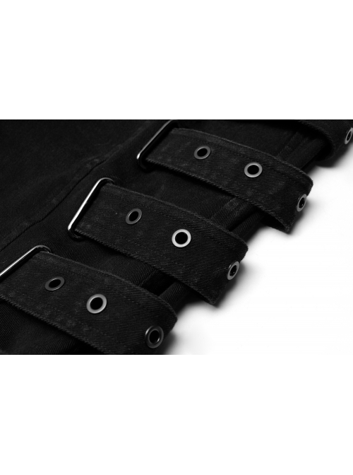 Side Metal Rings Bandage Black Punk Twill Woven Trousers