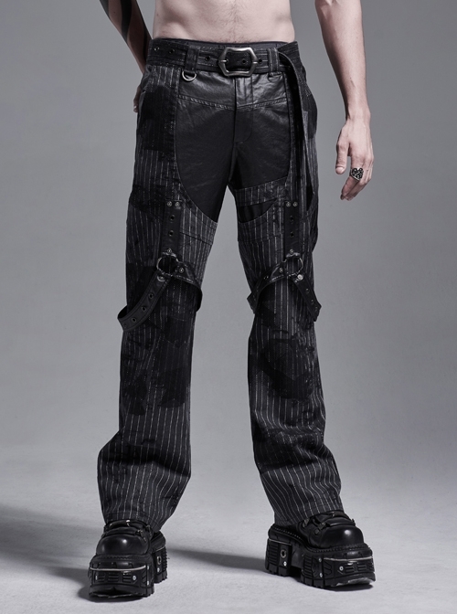 Black Striped Splice Abstract Printing Woven Metal Rings Leg Loops Punk Pants