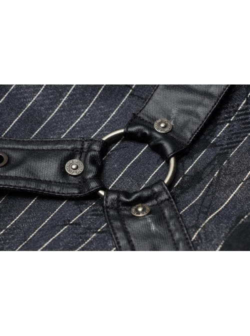 Black Striped Splice Abstract Printing Woven Metal Rings Leg Loops Punk Pants