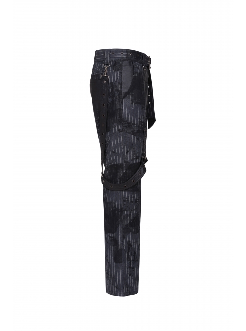 Black Striped Splice Abstract Printing Woven Metal Rings Leg Loops Punk Pants