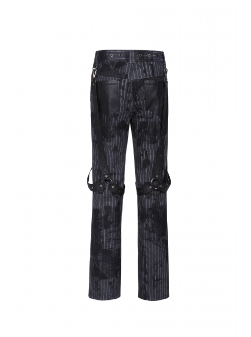 Black Striped Splice Abstract Printing Woven Metal Rings Leg Loops Punk Pants
