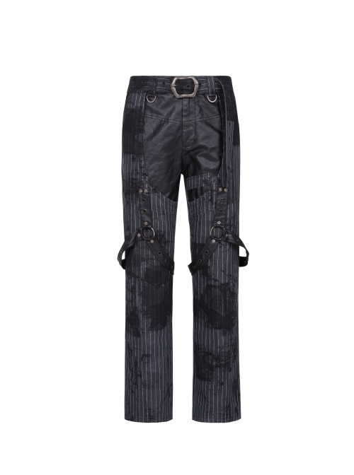 Black Striped Splice Abstract Printing Woven Metal Rings Leg Loops Punk Pants