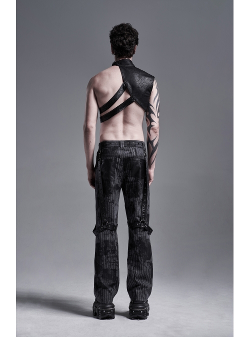 Black Striped Splice Abstract Printing Woven Metal Rings Leg Loops Punk Pants