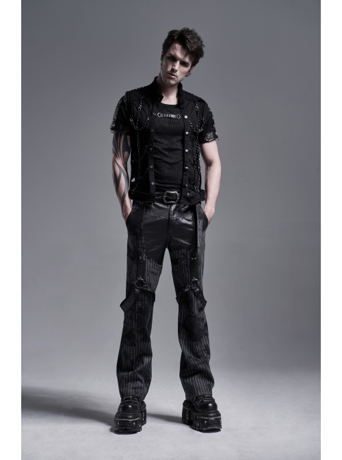 Black Striped Splice Abstract Printing Woven Metal Rings Leg Loops Punk Pants