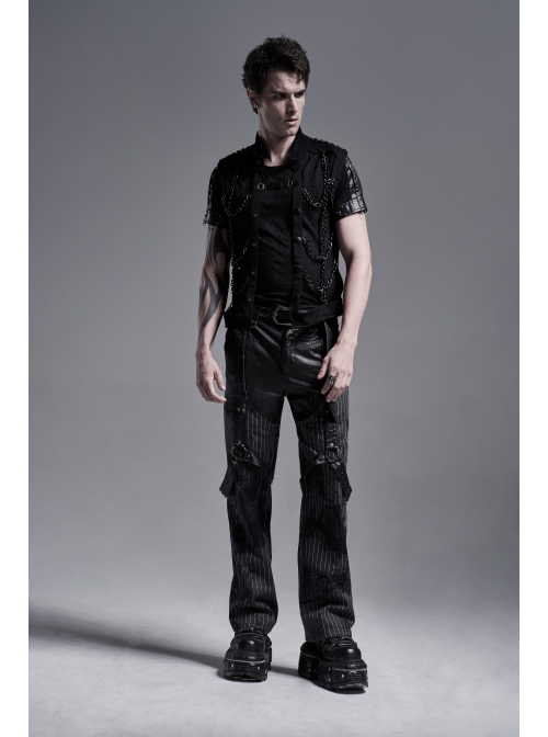 Black Striped Splice Abstract Printing Woven Metal Rings Leg Loops Punk Pants