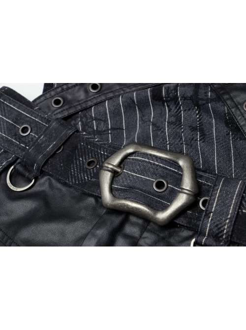 Black Striped Splice Abstract Printing Woven Metal Rings Leg Loops Punk Pants