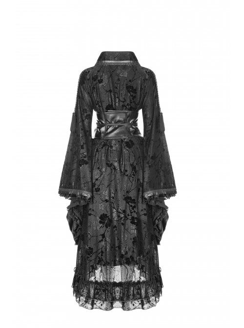 Flocking Printing Jacquard Horn Sleeve Lace-Up Waist Seal Lace Hem Black Gothic Dress
