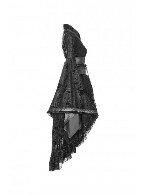Flocking Printing Jacquard Horn Sleeve Lace-Up Waist Seal Lace Hem Black Gothic Dress