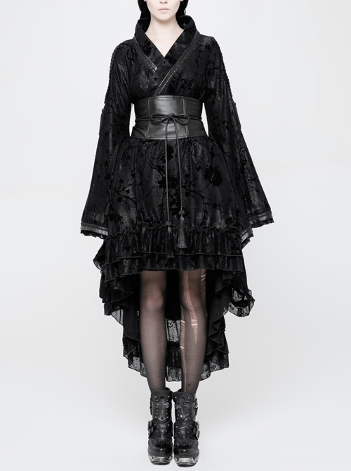 Flocking Printing Jacquard Horn Sleeve Lace-Up Waist Seal Lace Hem Black Gothic Dress