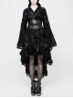 Flocking Printing Jacquard Horn Sleeve Lace-Up Waist Seal Lace Hem Black Gothic Dress