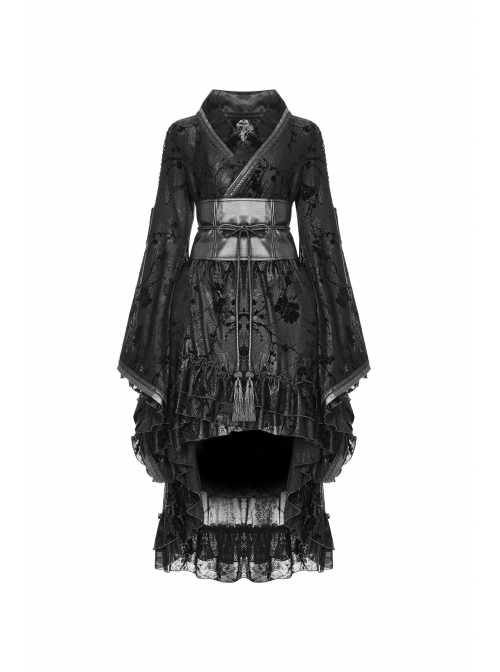 Flocking Printing Jacquard Horn Sleeve Lace-Up Waist Seal Lace Hem Black Gothic Dress