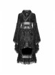 Flocking Printing Jacquard Horn Sleeve Lace-Up Waist Seal Lace Hem Black Gothic Dress