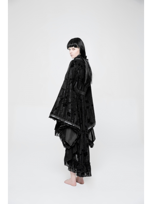 Flocking Printing Jacquard Horn Sleeve Lace-Up Waist Seal Lace Hem Black Gothic Dress