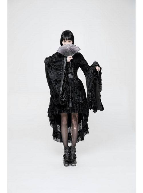 Flocking Printing Jacquard Horn Sleeve Lace-Up Waist Seal Lace Hem Black Gothic Dress