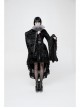 Flocking Printing Jacquard Horn Sleeve Lace-Up Waist Seal Lace Hem Black Gothic Dress