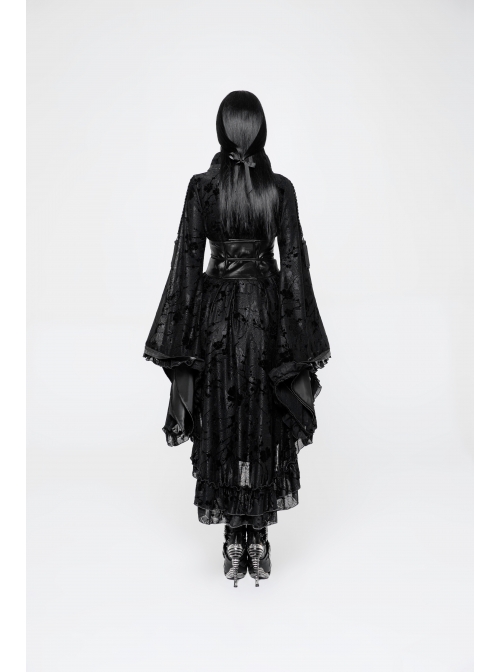 Flocking Printing Jacquard Horn Sleeve Lace-Up Waist Seal Lace Hem Black Gothic Dress