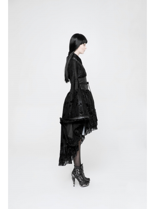 Flocking Printing Jacquard Horn Sleeve Lace-Up Waist Seal Lace Hem Black Gothic Dress
