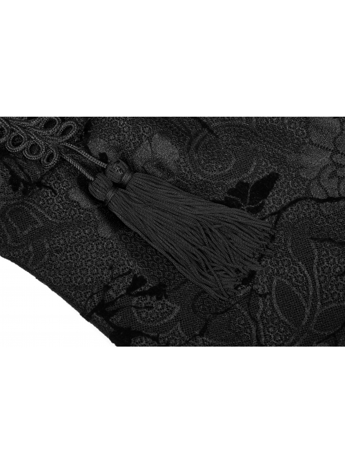 Flocking Printing Jacquard Horn Sleeve Lace-Up Waist Seal Lace Hem Black Gothic Dress